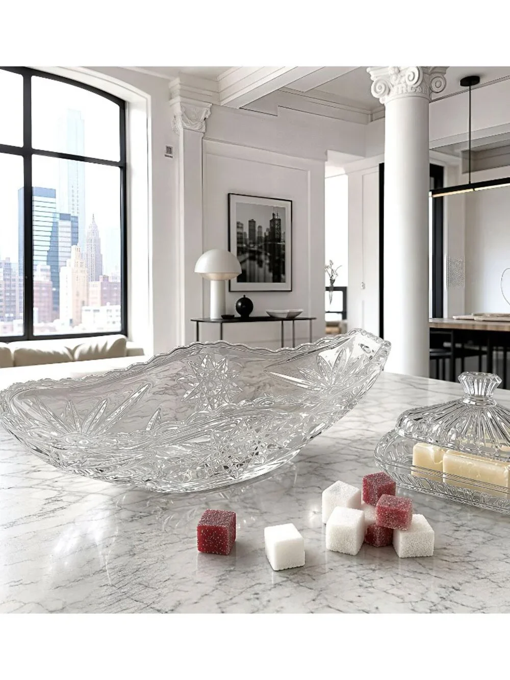 Vintage Clear Glass Canoe Serving Dish Starburst Pattern 9.5